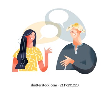 Dialogue of people with speech bubbles vector illustration. Cartoon young man character thinking, talking with woman together in dialog balloons. Chat conversation in social media network concept