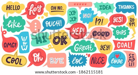 Dialogue speech bubbles. Chat balloons, small talk frames, conversation clouds with greeting phrases. Dialogue chat bubbles vector symbols. Thinking clouds or frames with messages for discussion