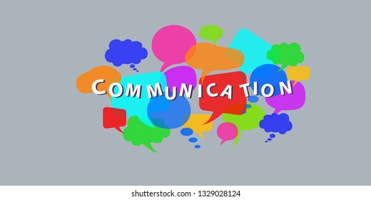 Dialogue speech bubbles with communication word. Flat style vector illustration