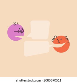 Dialogue template. People talk, argue. A man with glasses asks and his interlocutor will answer, speech bubbles. Colorful round vector illustration.