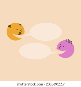 Dialogue template. People talk, argue. An elderly man with a bald head and a mustache asks and his interlocutor will answer, speech bubbles. Colorful round vector illustration.