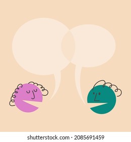Dialogue template  People talk  argue  Two women are discussing something  gossiping  speech bubbles above them  Colorful round vector illustration 