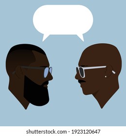 Dialogue of two black men. Guys. Two guys are talking. Conversation. Guys in sunglasses. Bearded men. Guy with earring