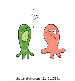 Diálogo de dos monstruos graciosos. Dibujo vectorial, criaturas de dibujos animados.