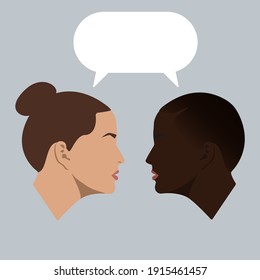 Dialogue of two girls. White and black girls. Women. Two women are talking. Conversation. 