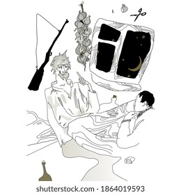 Dialogue of two male characters. Young guy and old man sitting in old house. Illustration to Lovecraft's story. Color out of Space. Hand drawn original style graphic art.