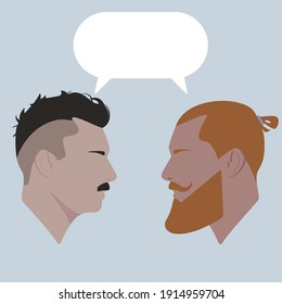 Dialogue of two men. Guys. Two guys are talking. Conversation. Man with mustache. Bearded man.