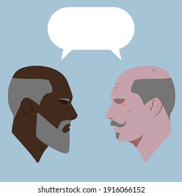 Dialogue of two old men. Aged. Two guys are talking. Conversation. Man with mustache. Bearded man.