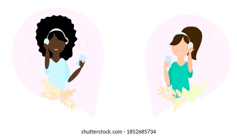 Dialogue of two women in headphones with a gadget in hand. Vector illustration.