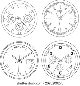 Dials of wrist watches. The first dial shows four time intervals. The second ones are decorated with round strasses. The third dial shows the day of the week and month. Vector illustration.