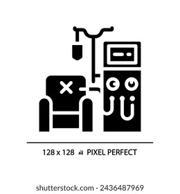 Máquina de diálisis pixel icono de glifo negro perfecto. Enfermedad renal. Sistema renal. Procedimiento médico. Servicio de salud. Símbolo de silueta en espacio blanco. Pictograma sólido. Ilustración aislada del vector