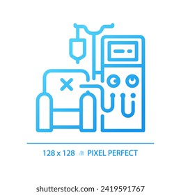 Dialysis machine pixel perfect gradient linear vector icon. Kidney disease. Renal system. Medical procedure. Thin line color symbol. Modern style pictogram. Vector isolated outline drawing