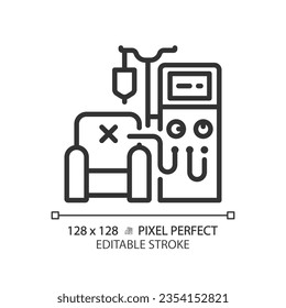 Icono lineal perfecto del píxel de la máquina de diálisis. Enfermedad renal. Sistema renal. Procedimiento médico. Servicio de atención de la salud. Ilustración de línea delgada. Símbolo de contorno. Dibujo del contorno del vector. Trazo editable