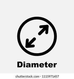 Diameter icon, flat isolated icon with circle, arrows and text, vector illustration.