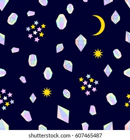 Diamomds in the sky. Abstract seamless vector pattern with moon, stars and cut stones. Geometric 1980s-1990s motifs. Retro textile design collection.