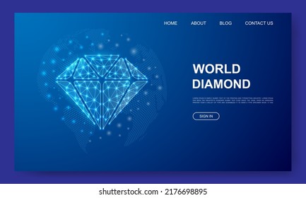 Diamond 3d low poly website template. Brilliant design illustration concept. Polygonal Jewelry symbol for landing page, advertising page.