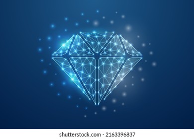 Diamant-3D-Symbol in blauem Low-Poly-Stil. Brillant, Edelstein, luxuriöses Design, Vektorgrafik. Schmuck-Polygonal-Wireframe