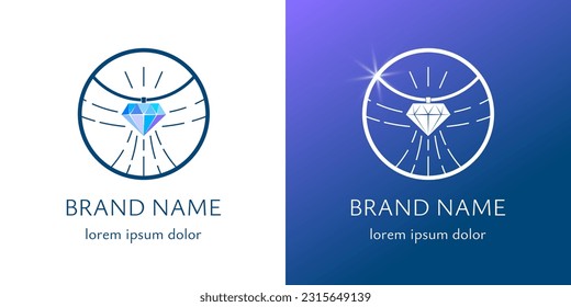 Diamond with abstract bird wings in circle logo. Jewelry and bijouterie business brand identity logotype design concept. Luxury jewellery boutique company corporate branding vector eps template