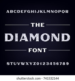 Diamond alphabet font. Brilliant letters and numbers. Stock vector typeface for your headers and any typography design.