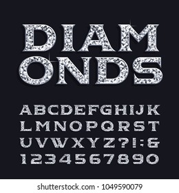 Diamond alphabet font. Luxury beveled serif letters and numbers. Stock vector typeface for any typography design.