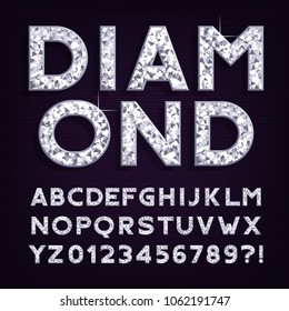 Diamond alphabet font. Luxury jewellery letters and numbers. Stock vector typography.