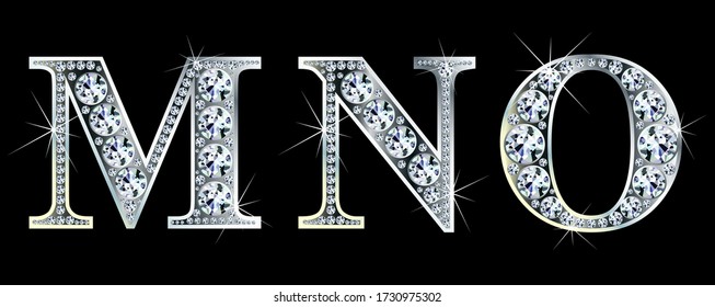 Diamond alphabet letters. Stunning beautiful MNO jewelry set in gems and silver. Vector eps10 illustration.