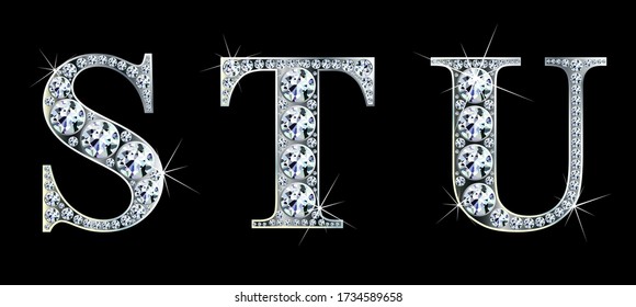 Diamond alphabet letters. Stunning beautiful STU jewelry set in gems and silver. Vector eps10 illustration.
