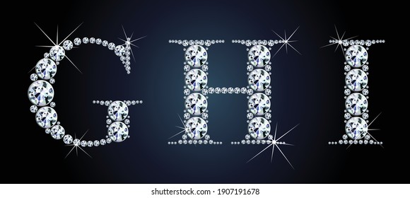 Diamond alphabet letters. Stunning beautiful G,  H, I jewelry set in gems and silver. Vector eps10 illustration.