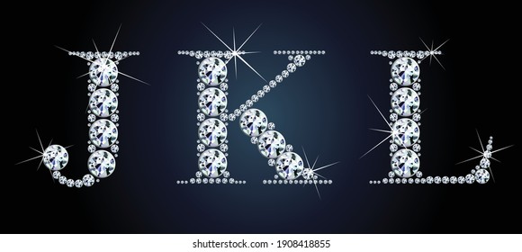 Diamond alphabet letters. Stunning beautiful J, K, L jewelry set in gems and silver. Vector eps10 illustration.