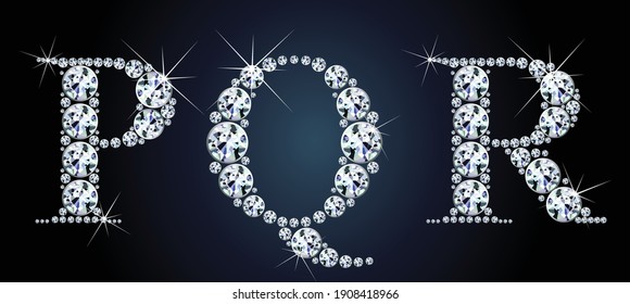 Diamond alphabet letters. Stunning beautiful P, Q, R jewelry set in gems and silver. Vector eps10 illustration.