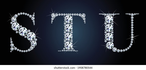 Diamond alphabet letters. Stunning beautiful S,T,U jewelry set in gems and silver. Vector eps10 illustration.