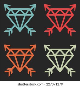 Diamond with arrows, icons set, flat design, vintage colors