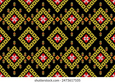 Diamond aztec seamless pattern with yellow and red on black backgrounds