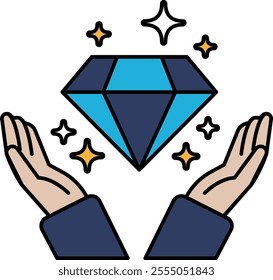 A diamond is being held up by two hands, symbolizing the importance of the gemstone. The diamond is surrounded by stars, which add to the sense of wonder and magic