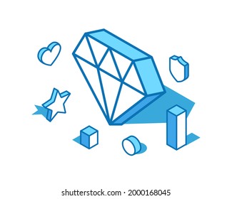 Diamond Blue Line Isometric Illustration. Jewelry, Gem 3D Banner Template.