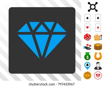 Diamond blue pictograph inside gray rounded rectangle with bonus gambling pictograms. Vector illustration style is flat iconic symbols. Designed for casino ui.