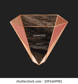 Diamond, brilliant, rock shape. Foil vector background. Marble texture. Bronze geometric shapes. Copper polygonal frame