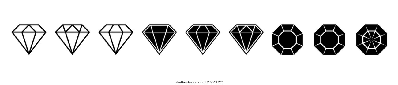 Diamond brilliant. Vector icon collection. Vector black diamonds collection. Linear outline sign. Diamond shapes gemstone. EPS 10