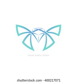 Diamond and butterfly logo, sign, symbol. Line color vector emblem for beauty, jewelry, spa, fashion. 