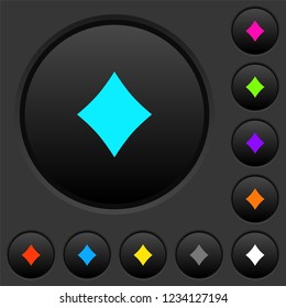 Diamond card symbol dark push buttons with vivid color icons on dark grey background