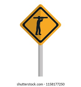 diamond caution emblem and laborer with equipment