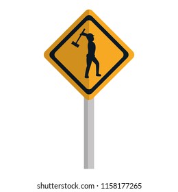 diamond caution emblem and laborer with mallet