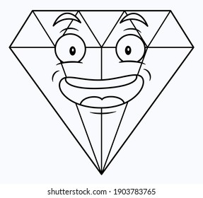 Personaje de diamante con cara sonriente feliz. Dibujo de caricatura de piedra de gema que muestra emociones positivas. Mascota del personaje de la sonrisa de cristal aislada de fondo blanco.