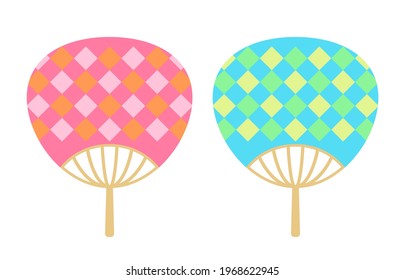 Diamond check pattern hand fan, summer paper fan vector illustration isolated