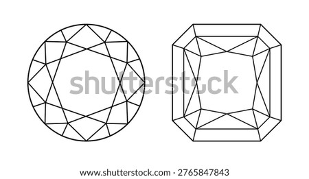 Diamond Circle, Original Radiant icon. Diamond line style. Brilliant Original Radiant, Circle cut pattern. Gemstone linear minimalist template. Logo round brilliant cut. Classic diamond shape symbols.