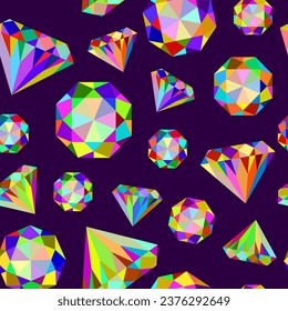 Patrón incoloro de diamantes sin costuras. Gemas brillantes y brillantes sobre fondo morado. Diseño de vectores.