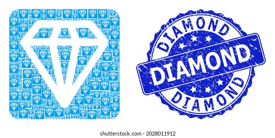 Impresión de focas redondas corroídas por diamante y diamante de composición recursiva vectorial. El sello azul incluye el título de Diamante en forma redonda. El mosaico vectorial está hecho de pictogramas de diamante recursivo.