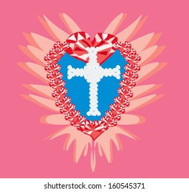 Diamond cross religious and ruby heart
