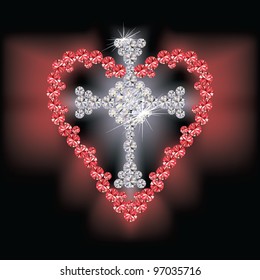 Diamond cross religious and ruby heart, vector illustration