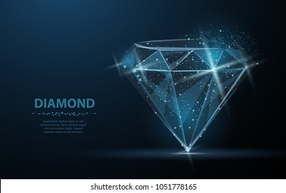 Diamond With Crumbled Edge On Blue With Dots And Stars. Jewelry, Gem, Luxury And Rich Symbol, Illustration Or Background